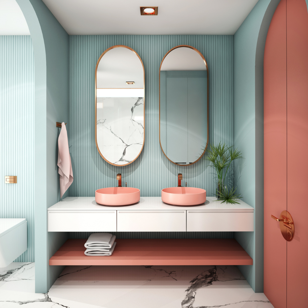 Salle de bain colorée rénovée